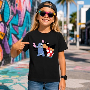 Tricou Lilo Si Stitch Imbratisare Dungi Alb Negru Urban Love, din bumbac 100%, tricou negru, Copii | Dama | Barbat - Img 7