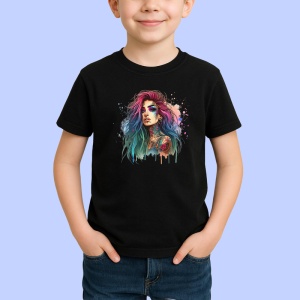 Tricou Long rainbow hair tattoo girl, fata cu par lung curcubeu si tatuaje, Copii | Dama | Barbat , tricou negru - Img 2