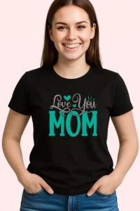Tricou Love You Mom V2 Scris Turcoaz Negru, din bumbac 100%, tricou negru Dama | Barbat - Img 2