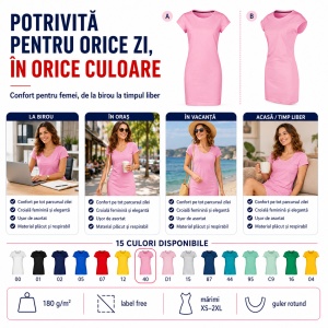 Tricou lung damă tip rochie Freedom 178, bumbac, croială lejeră, 180 g/m², XS–2XL, 15 culori - Img 6