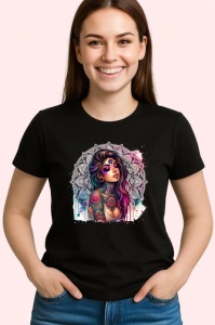 Tricou Mandala girl color tattoo art, fata cu mandala si tatuaje colorate, Copii | Dama | Barbat , tricou negru - Img 3