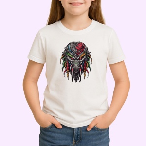 Tricou Masca Predator Gri Detalii Rosii Design V1, din bumbac 100% , tricou alb pentru Copii | Dama | Barbat - Img 2