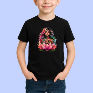 Tricou Meditating girl lotus flower colorful, fata meditand pe lotus colorat, Copii | Dama | Barbat , tricou negru - Img 2