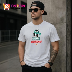 Tricou Merry Christmas Pinguin, din bumbac 100%, tricou alb, Dama | Barbat - Img 3