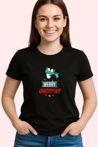 Tricou Merry Christmas Pinguin, din bumbac 100%, tricou negru, Dama | Barbat - Img 3