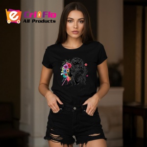 Tricou Messy bun girl color floral splash, fata coc lejer cu flori colorate, Copii | Dama | Barbat , tricou negru - Img 7