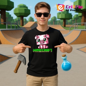 Tricou Minecraft Purcelusa Roz Tricou Negru Copii | Dama | Barbat - Img 2