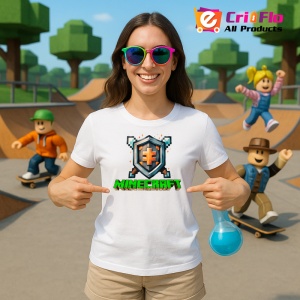 Tricou Minecraft Scut Pixelat Tricou Alb Copii | Dama | Barbat - Img 3