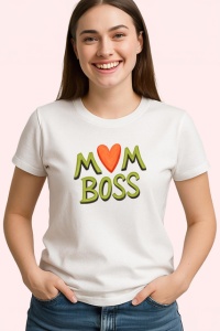 Tricou Mom Boss Text Verde Cu Inima, din bumbac 100% , tricou alb pentru Dama - Img 2