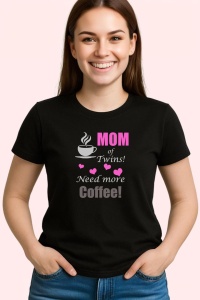 Tricou Mom Twins Need Coffee, din bumbac 100%, tricou negru, Dama | Barbat