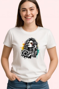 Tricou monochrome floral tattoo portrait, portret tatuat alb negru cu flori, Copii | Dama | Barbat - Img 4