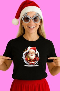 Tricou Mos Craciun Cu Fundal Alb Si Cadou Craciun, din bumbac 100% Copii | Dama | Barbat