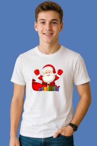 Tricou Mos Craciun Iesind Din Sac Cu Cadouri, din bumbac 100%, tricou alb, Copii | Dama | Barbat - Img 3