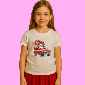 Tricou Mos Craciun In Masina Rosie Cu Sac De Cadouri, din bumbac 100%, tricou alb, Copii | Dama | Barbat - Img 2
