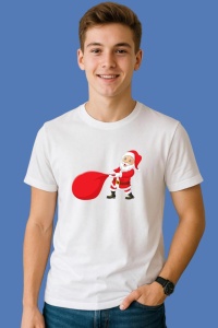 Tricou Mos Craciun Mic Cu Sac Mare, din bumbac 100%, tricou alb, Copii | Dama | Barbat - Img 2