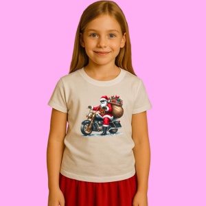 Tricou Mos Craciun Pe Motocicleta Cu Sac De Cadouri, din bumbac 100%, tricou alb, Copii | Dama | Barbat - Img 2