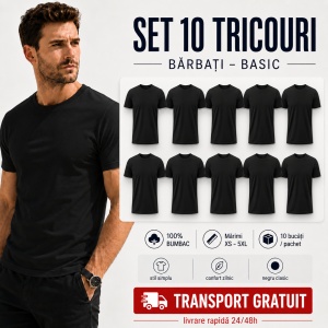 Tricou negru clasic barbat Set 10 tricouri Negre din bumbac 100%, Perfecte pentru Orice Ocazie