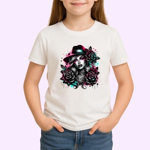 Tricou noir woman fedora hat rose tattoo, femeie stil noir cu palarie fedora si trandafiri, Copii | Dama | Barbat - Img 3
