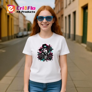 Tricou noir woman fedora hat rose tattoo, femeie stil noir cu palarie fedora si trandafiri, Copii | Dama | Barbat
