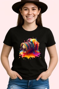 Tricou Obiectiv foto in val de vopsea roz portocalie Copii | Dama | Barbat, culoare negru - Img 3