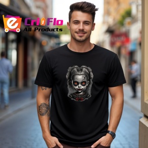 Tricou Papusa infricosatoare alb negru cu privire fixa Copii | Dama | Barbat, culoare negru - Img 6