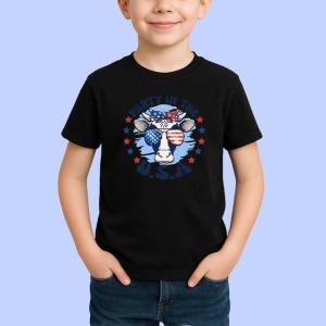Tricou Party In The Usa Vaca Ochelari Steag, din bumbac 100%, tricou negru Copii | Dama | Barbat - Img 2