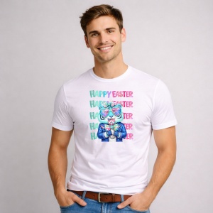 Tricou Paste Bunny Cool Ochelari Happy Easter Aesthetic, din bumbac 100%, tricou alb, Copii | Dama | Barbat - Img 2