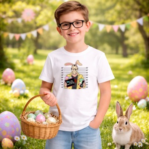 Tricou Paste Bunny Horror Mugshot Funny Easter Parody Style, din bumbac 100%, tricou alb, Copii | Dama | Barbat - Img 5