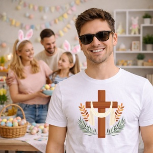Tricou Paste Cruce Crestina Cu Frunze Simbol Paste Religios, din bumbac 100%, tricou alb, Copii | Dama | Barbat - Img 7