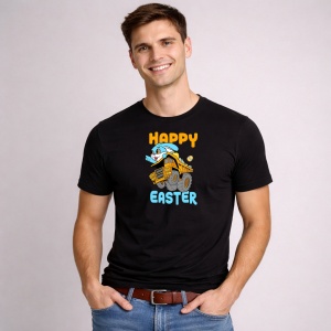 Tricou Paste Happy Easter Utilaj Constructii Masina Galbena, din bumbac 100%, tricou negru, Copii | Dama | Barbat - Img 2