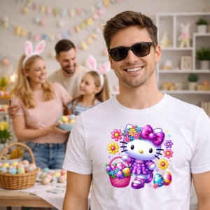 Tricou Paste Hello Kitty Paste Cos Oua Colorate Florale, din bumbac 100%, tricou alb, Copii | Dama | Barbat - Img 7