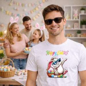 Tricou Paste Iepuras Cool Ochelari Cos Oua Happy Easter, din bumbac 100%, tricou alb, Copii | Dama | Barbat - Img 7