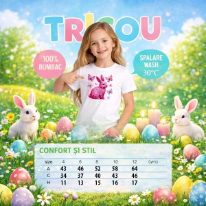 Tricou Paste Iepuras Glitter Roz Cu Fluturi Glam Aesthetic, din bumbac 100%, tricou alb, Copii | Dama | Barbat - Img 4
