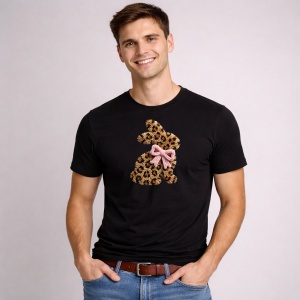 Tricou Paste Iepuras Leopard Print Fundita Roz Fashion, din bumbac 100%, tricou negru, Copii | Dama | Barbat - Img 2