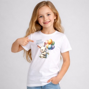 Tricou Paste Iepuras Paste Baloane Oua Colorate Happy Easter, din bumbac 100%, tricou alb, Copii | Dama | Barbat