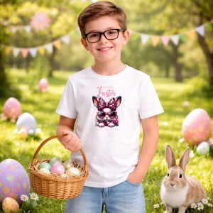 Tricou Paste Iepuras Paste Ochelari Roz Stylish Easter, din bumbac 100%, tricou alb, Copii | Dama | Barbat - Img 5