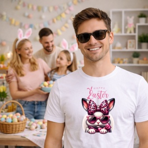 Tricou Paste Iepuras Paste Ochelari Roz Stylish Easter, din bumbac 100%, tricou alb, Copii | Dama | Barbat - Img 7