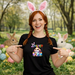Tricou Paste Iepuras Paste Oua Colorate Text Easter Vesel, din bumbac 100%, tricou negru, Copii | Dama | Barbat - Img 9