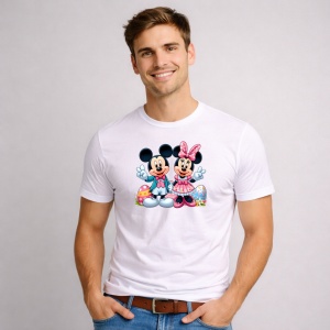 Tricou Paste Mickey Si Minnie Paste Oua Colorate Cuplu Vesel, din bumbac 100%, tricou alb, Copii | Dama | Barbat - Img 2