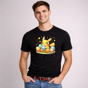 Tricou Paste Pikachu Paste Oua Colorate Iepuras Stelute, din bumbac 100%, tricou negru, Copii | Dama | Barbat