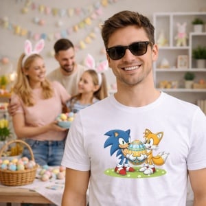 Tricou Paste Sonic Tails Paste Cos Oua Colorate, din bumbac 100%, tricou alb, Copii | Dama | Barbat - Img 7
