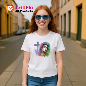 Tricou pastel cross girl intense look, fata cu cruce pastel si privire intensa, Copii | Dama | Barbat