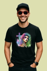 Tricou Pastel cross girl intense look, fata cu cruce pastel si privire intensa, Copii | Dama | Barbat , tricou negru - Img 4