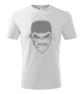 Tricou alb cu un design grafic stilizat în tonuri de gri, reprezentând un craniu cu o mască ce include logo-ul Jeep