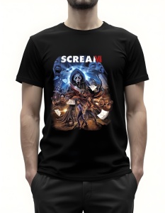 Bărbat purtând un tricou negru din colecția ta este inspirat de filmul Scream VI. Designul vibrant prezintă personaje iconice și elemente cheie din franciză, cum ar fi masca lui Ghostface și scene captivante. Acest tricou este perfect pentru fanii horror 