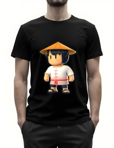 Bărbat purtând un tricou negru cu un design grafic reprezentând un personaj stilizat purtând o pălărie tradițională asiatică de paie, o tunică albă cu detalii roșii, șort și sandale.