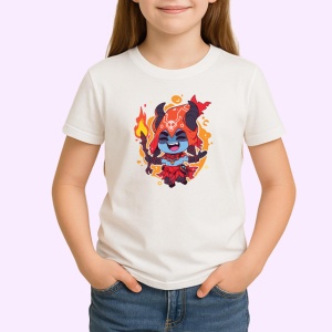 Tricou Personaj Razboinic Rosu Foc Fundal Gri, din bumbac 100% , tricou alb pentru Copii | Dama | Barbat
