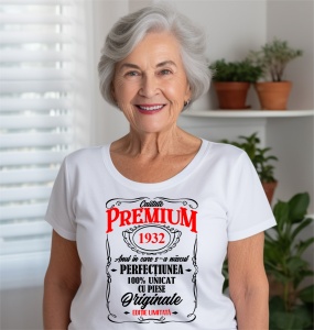 Femeie care poartă un tricou alb personalizat cu mesajul: ''Anul in care s-a nascut perfectiunea (1932), 100% unicat cu piese originale''.