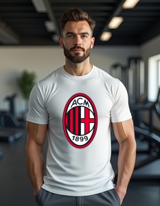 Bărbat care poartă un tricou alb cu emblema echipei de fotbal AC Milan. Logo-ul AC Milan este amplasat central pe tricou, având un design oval cu dungi roșii și negre în partea stângă și o cruce roșie pe un fundal alb în partea dreaptă. Deasupra siglei ap