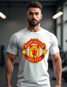 Bărbat purtând un tricou alb cu sigla echipei de fotbal Manchester United, înfățișând un scut roșu și galben cu imaginea unui diavol ținând o furcă și elemente decorative rotunde. Bărbatul se află într-o sală de sport, având echipamente de fitness în fund
